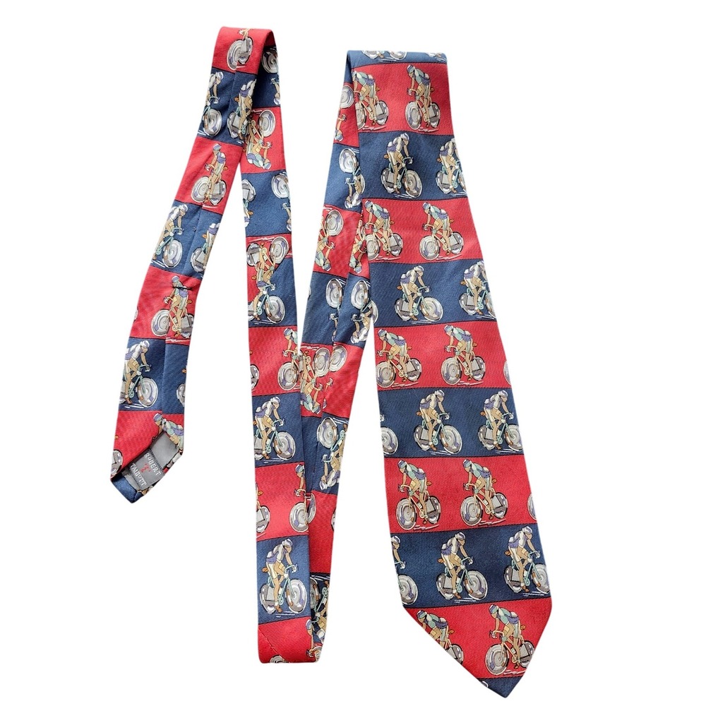 Robert Talbott Silk Necktie Mens OS Red Blue Cycling Biking Novelty Print USA
